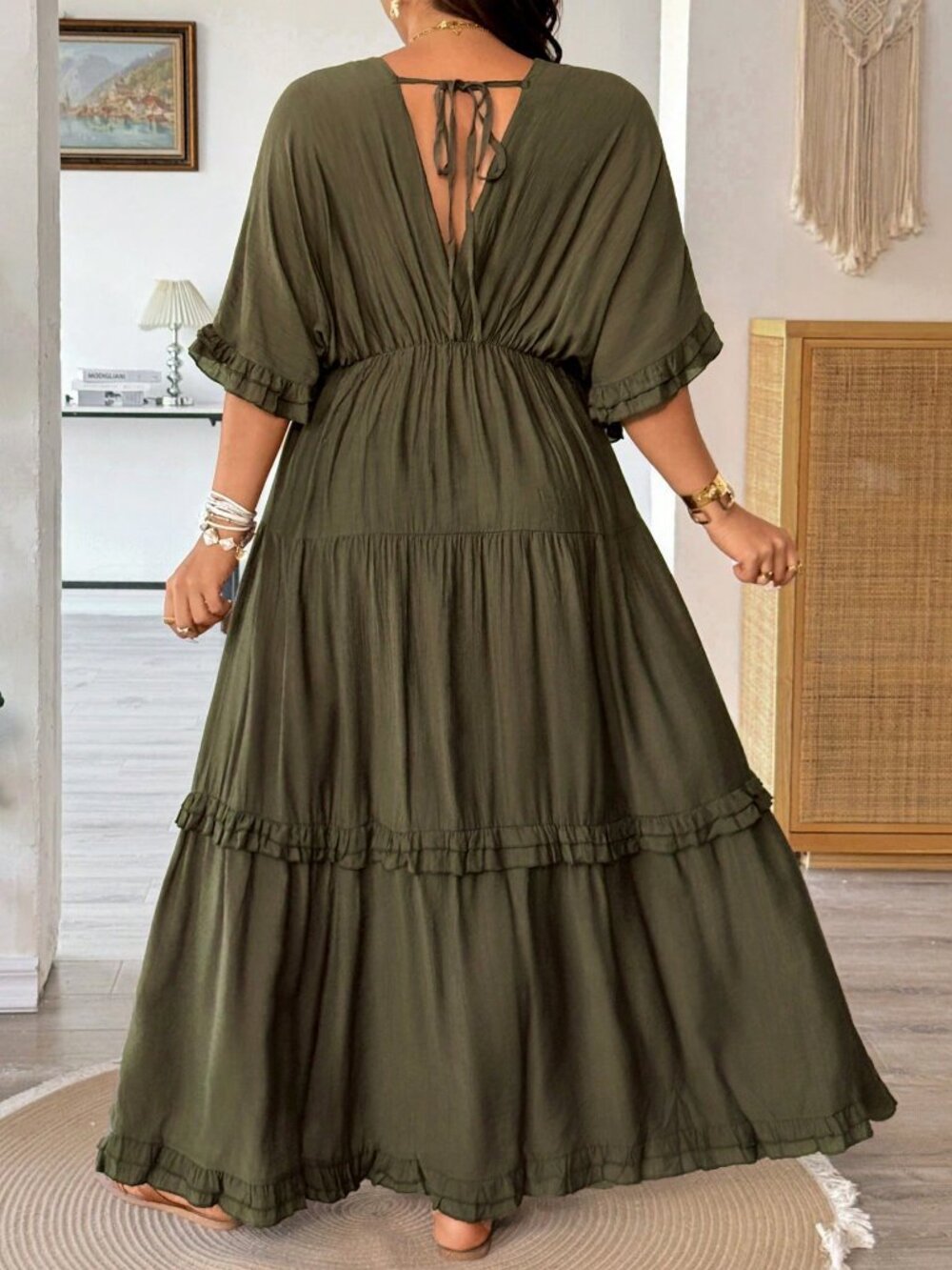 Army Green Casual Women's Plus Size Boho Ruffle V-Neck Maxi Dress - Picture 2 of 7